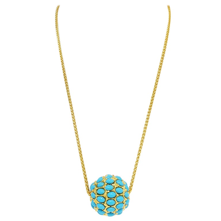 Kenneth Jay Lane Pave Turquoise Cabochon Ball Pendant Golden Chain Necklace For Sale