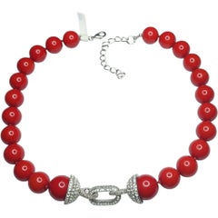 Kenneth Jay Lane Red Beaded Necklace with Pave Rhinestone Clasp, 1990s