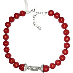 Kenneth Jay Lane Red Beaded Necklace with Pave Rhinestone Clasp, 1990s