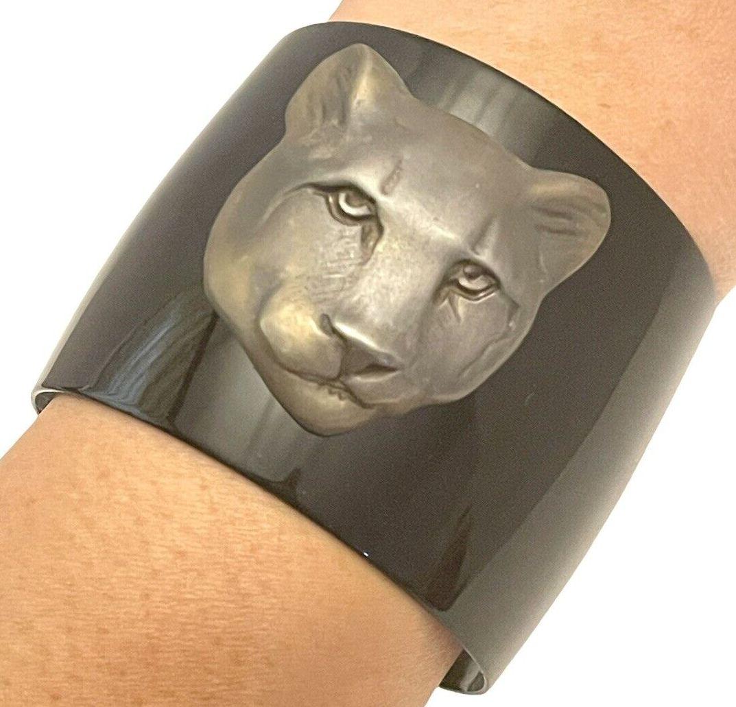 Kenneth Jay Lane Signed KJL Designer Vintage Lioness Black Enamel Cuff Bracelet For Sale 1