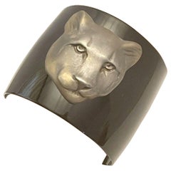 Kenneth Jay Lane Signed KJL Designer Vintage Lioness Black Enamel Cuff Bracelet