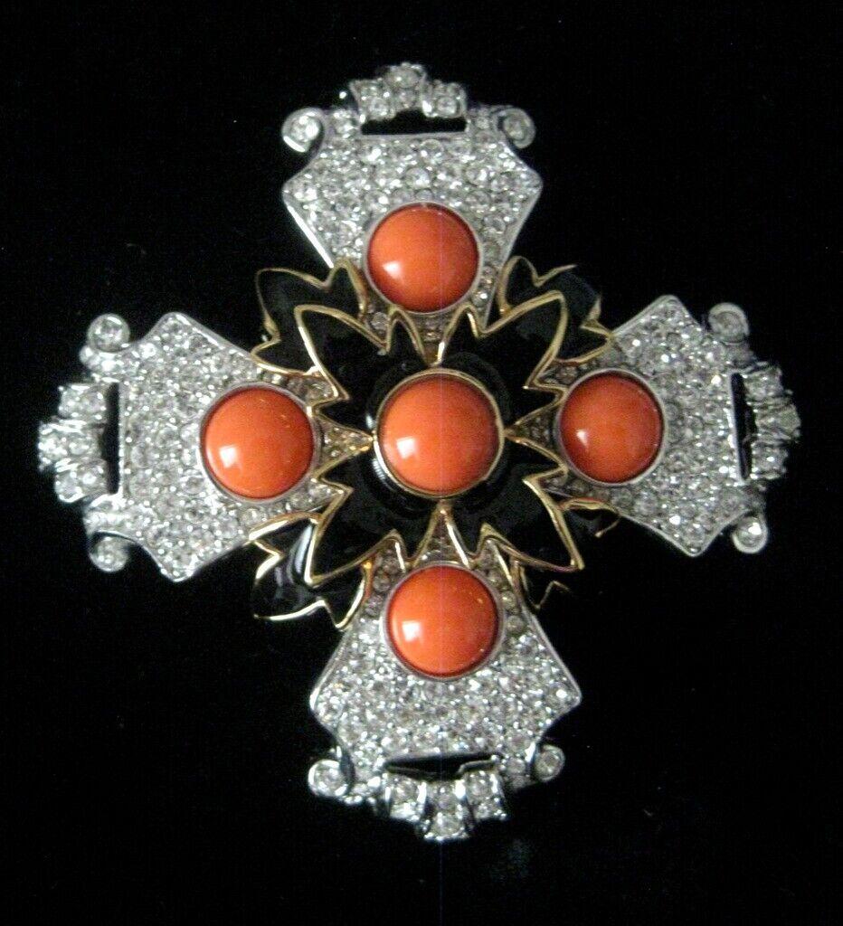 Simply Beautiful! Vintage Kenneth Jay Lane MALTESE CROSS Pin Brooch Pendant encrusted with CZ Rhinestones and Faux Coral. Approx size: 3