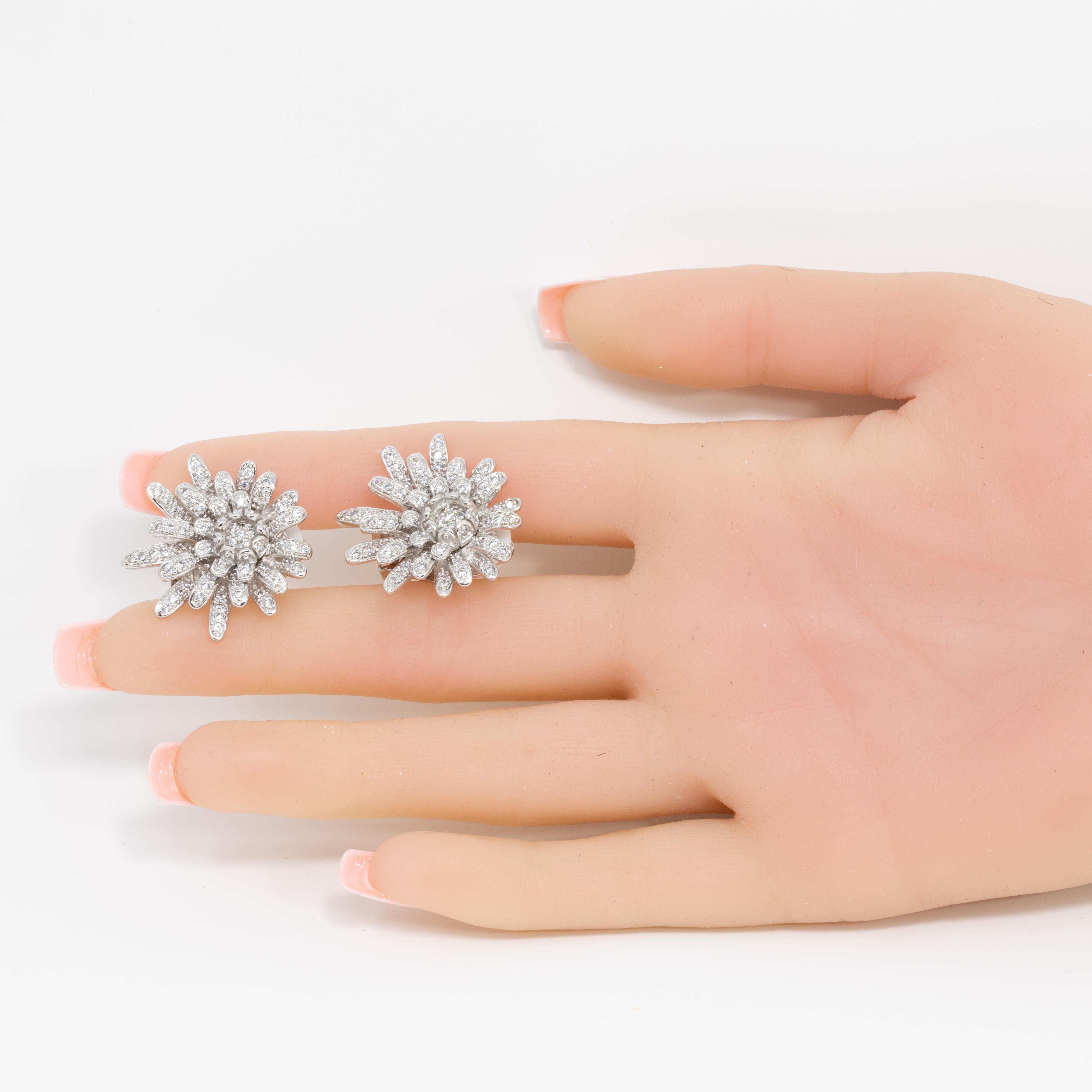 Women's or Men's Kenneth Jay Lane Silver Clear Cubic Zirconia Crystal Flower Button Clip Earrings