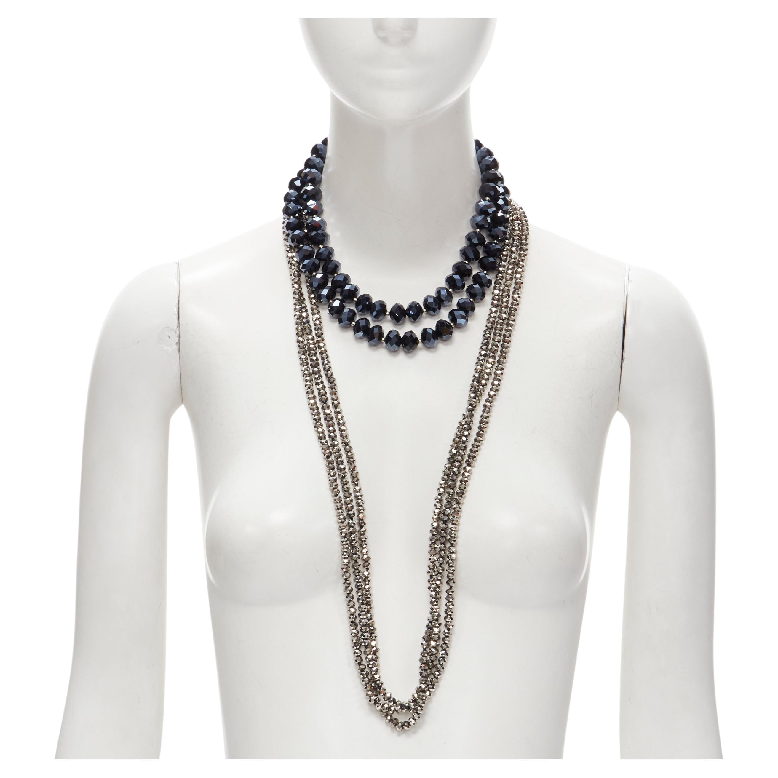 KENNETH JAY LANE silver geometric beads blue big beads double necklace set For Sale