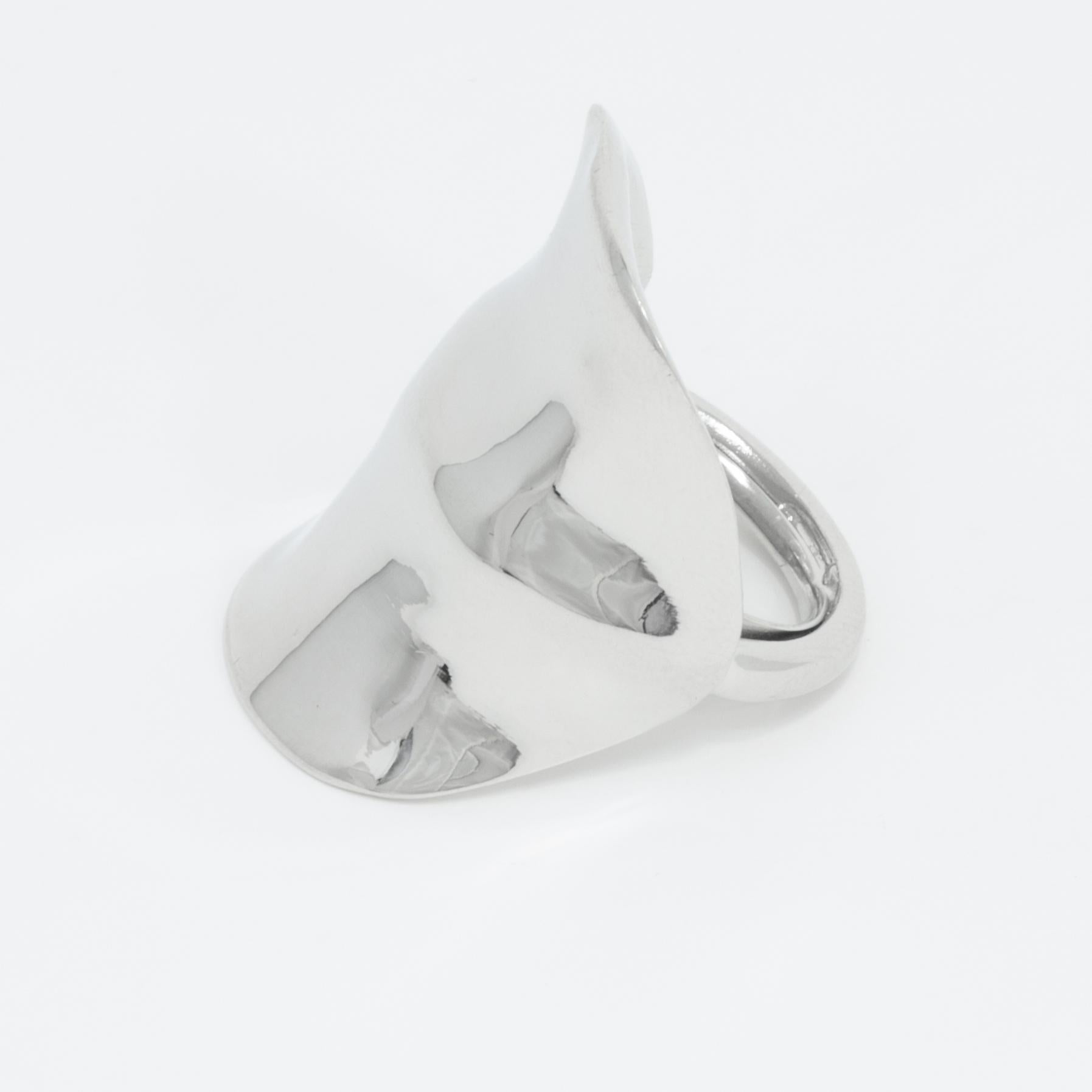 A flashy, polished silver, statement ring. Add a perfect touch of silver glow with this ring from Kenneth Jay Lane!

Silvertone.

Adjustable sizes 5 to 8.5 

Tags, Marks, Hallmarks: Kenneth Lane
