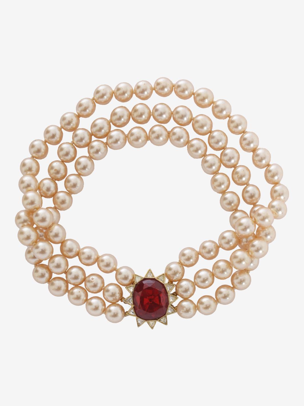 Women's Kenneth Jay Lane Synthesis Pearl Necklace With Red Swarovski Rhinestones