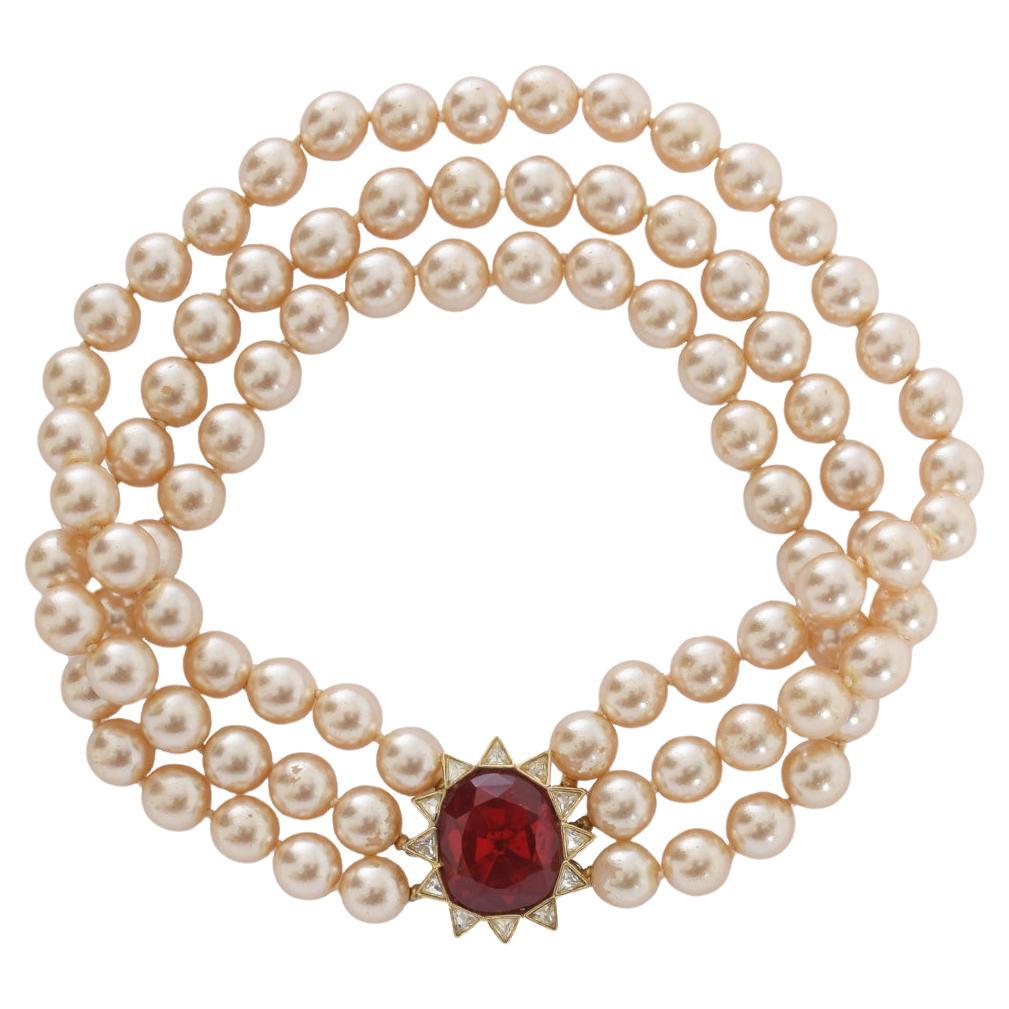 Kenneth Jay Lane Synthesis Pearl Necklace With Red Swarovski Rhinestones