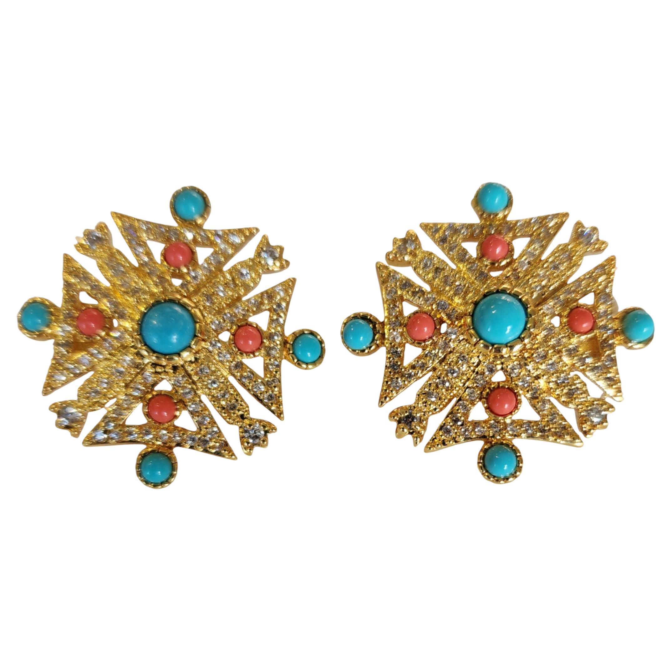 Kenneth Jay Lane Türkisfarbene Koralle und Kristall Vergoldeter Starburst Clip-On im Angebot