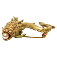 Kenneth Jay Lane Vintage Koi Fish Crystal & Enamel Costume Pearl Brooch