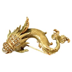 Kenneth Jay Lane Vintage Koi Fish Crystal & Enamel Costume Pearl Brooch