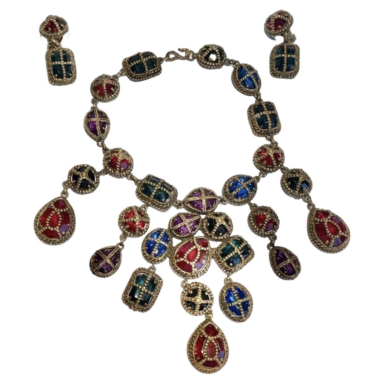 KENNETH JAY LANE Vintage Statement Royal Cross Cabochons Necklace & Earrings Set