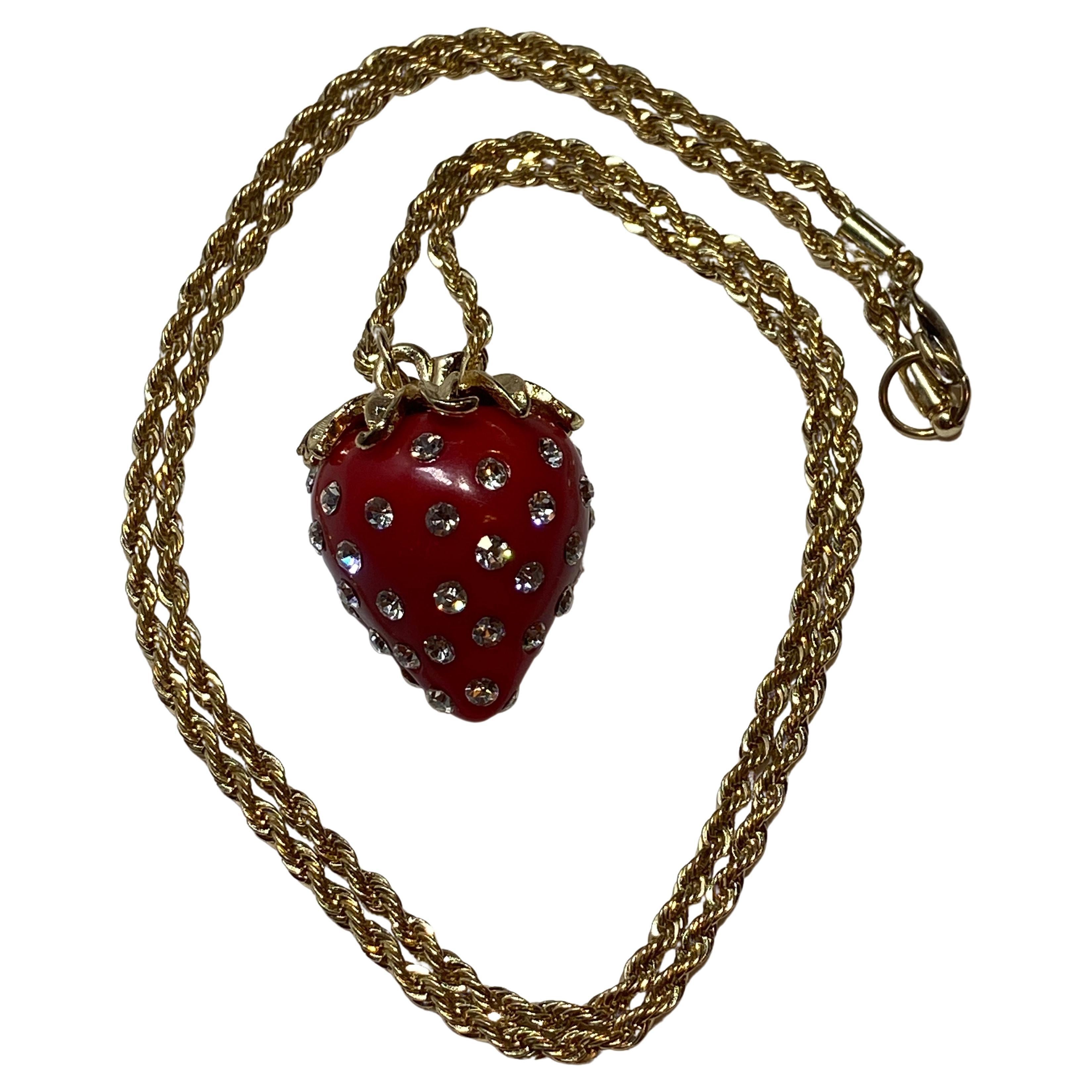 Kenneth Jay Lane Whimsical Embellished Lucite "Strawberry" Pendant & Necklace  For Sale