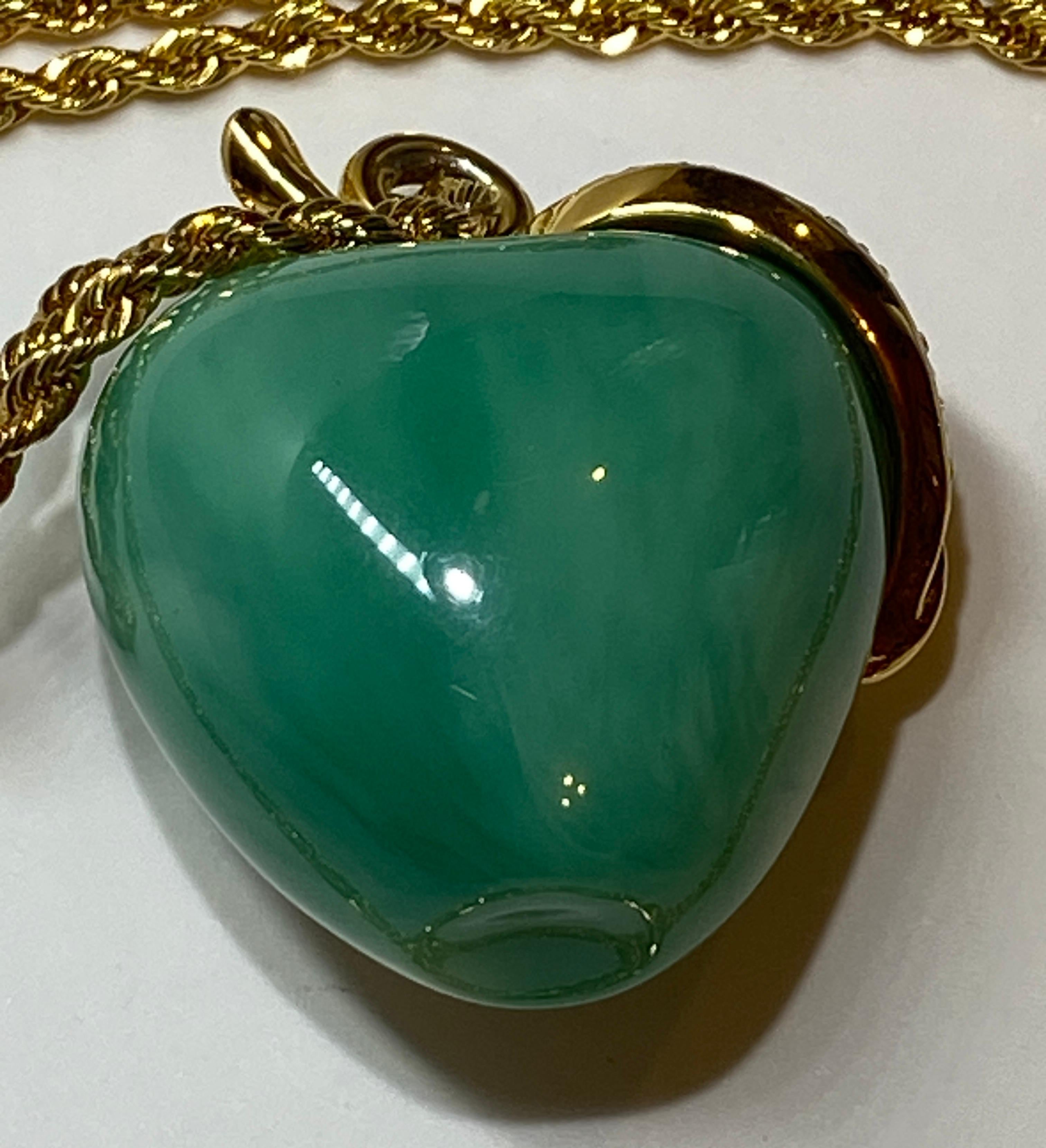 Kenneth Jay Lane Whimsical Rhinestone Jade-Green Lucite Apple Pendant & Necklace For Sale 2