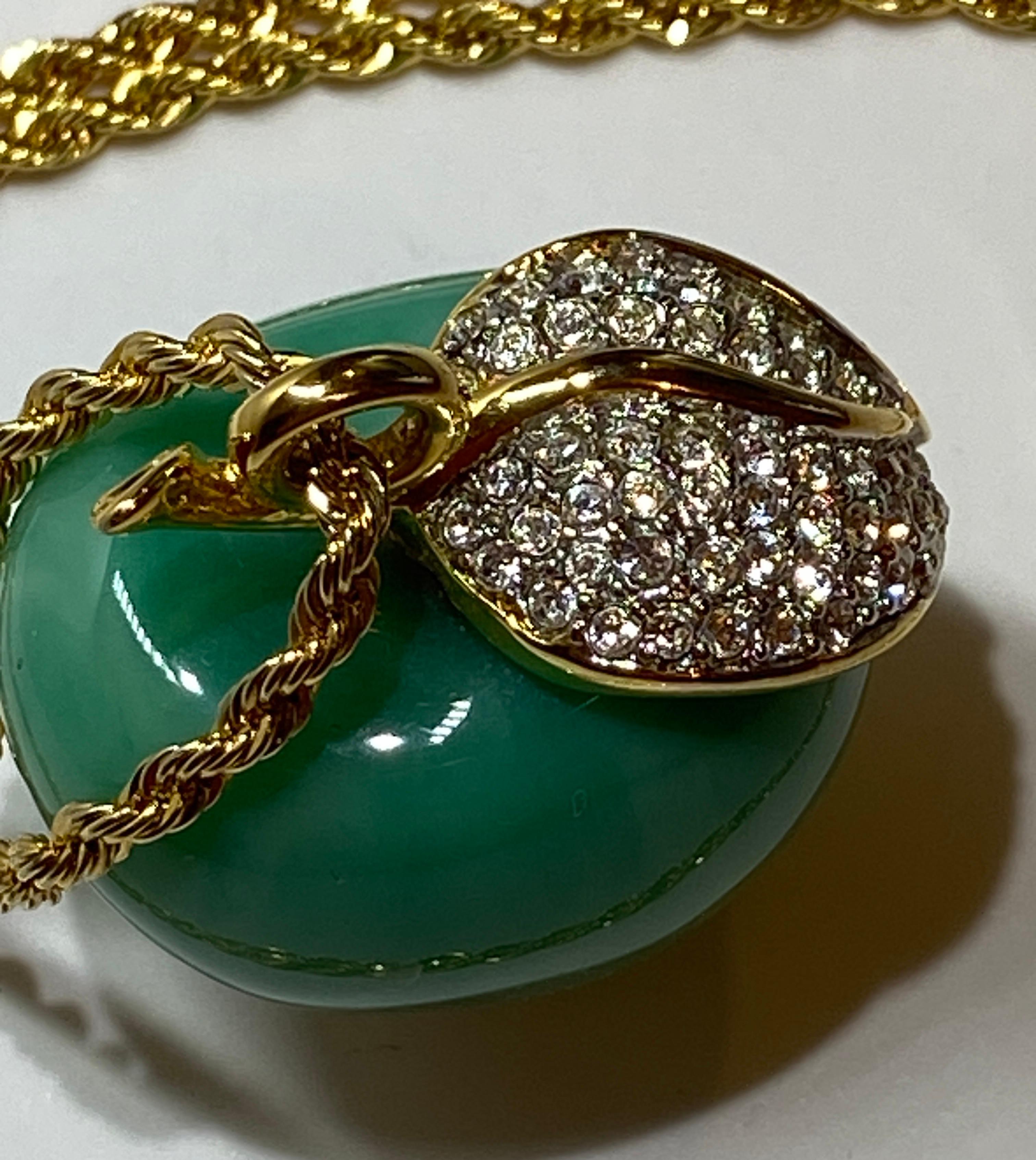 Women's or Men's Kenneth Jay Lane Whimsical Rhinestone Jade-Green Lucite Apple Pendant & Necklace For Sale