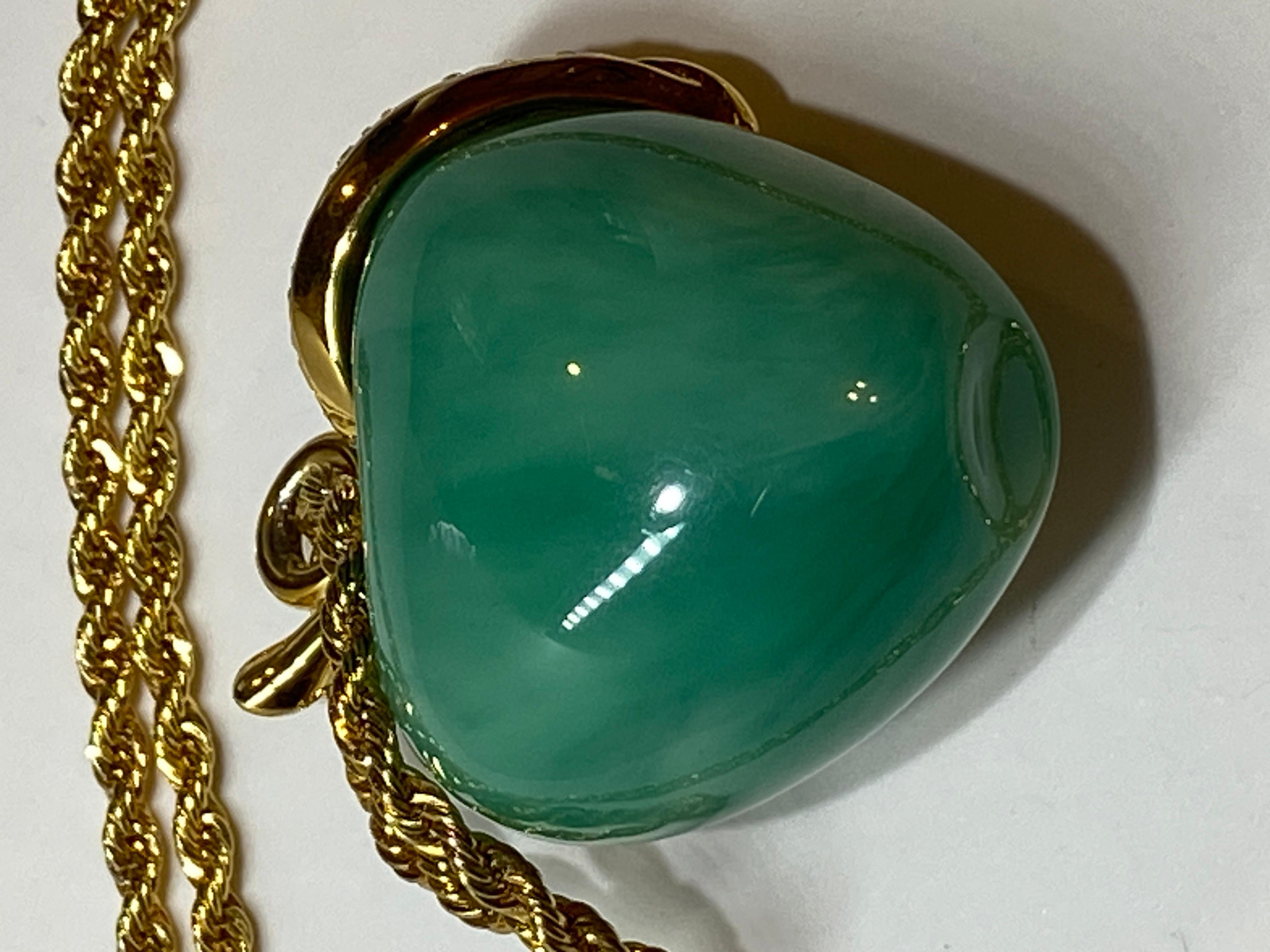 Kenneth Jay Lane Whimsical Rhinestone Jade-Green Lucite Apple Pendant & Necklace For Sale 1