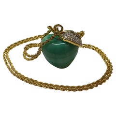 Kenneth Jay Lane Whimsical Rhinestone Jade-Green Lucite Apple Pendant & Necklace