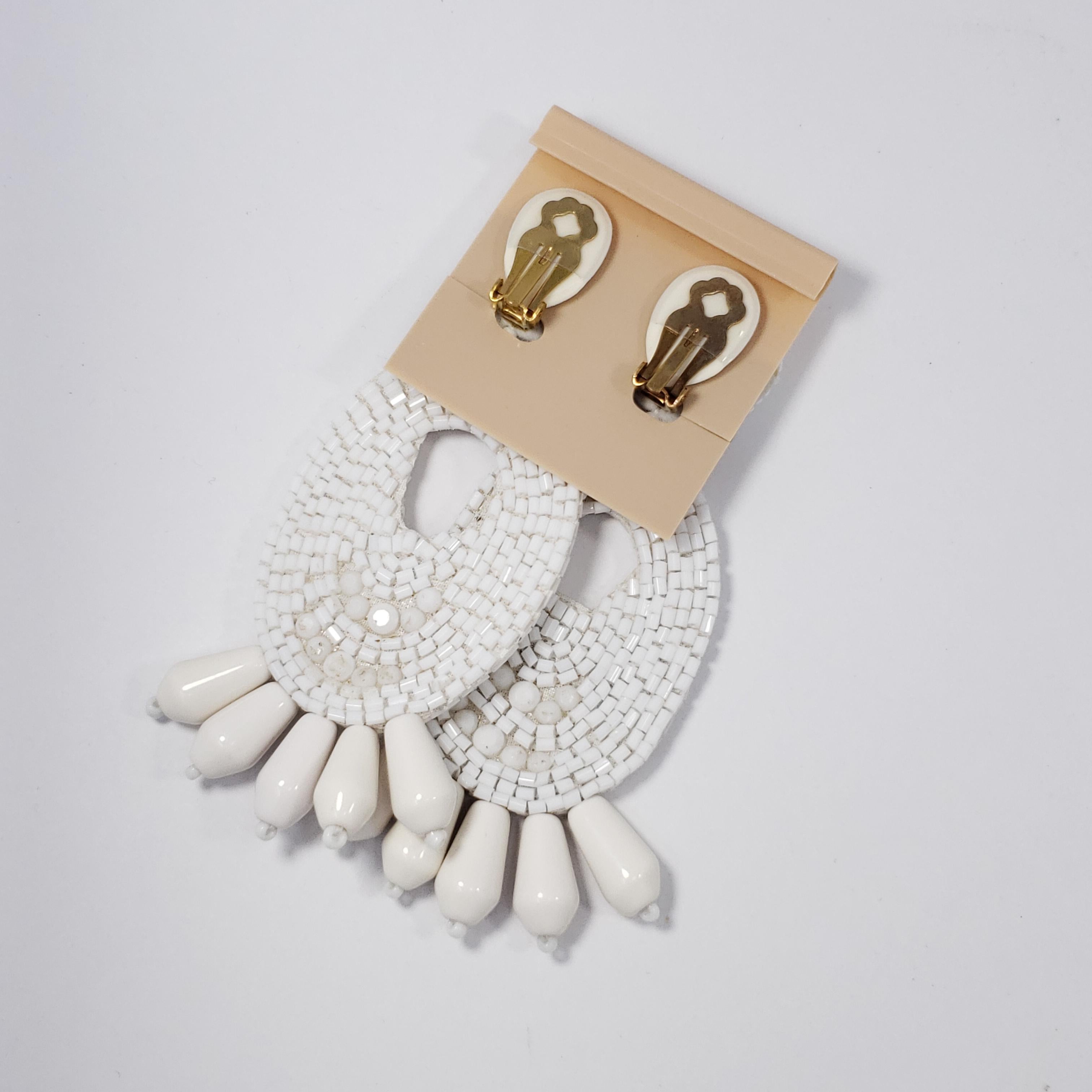 Women's or Men's Kenneth Jay Lane White Bead Cluster Bold Oversized Clip on Earrings