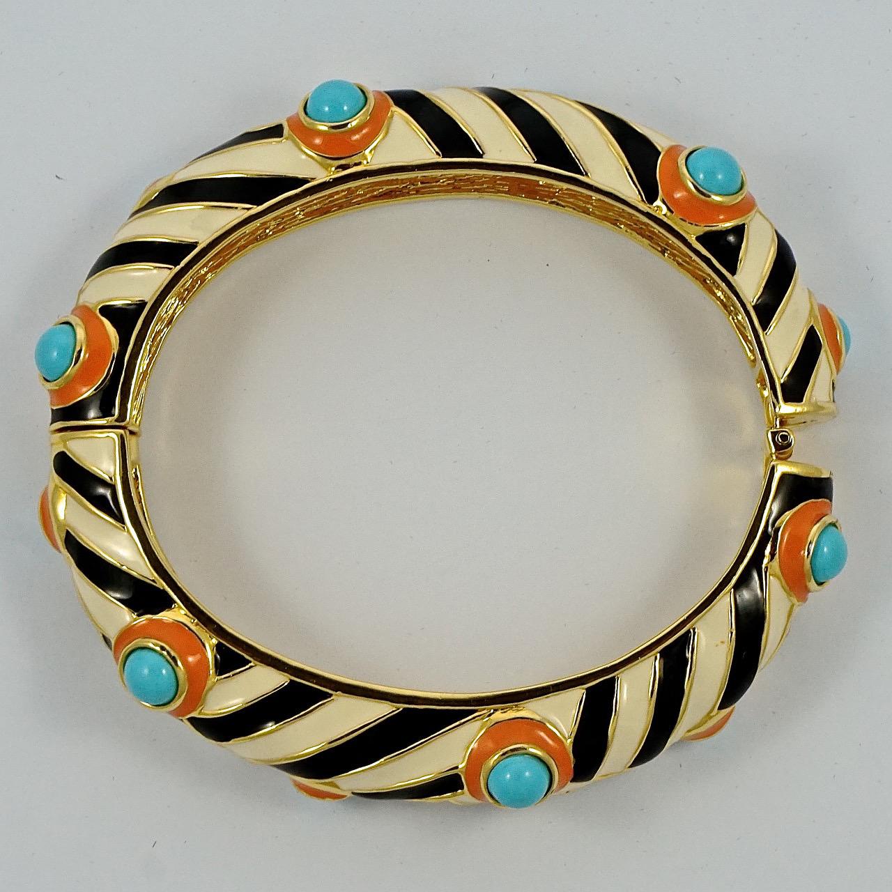 Kenneth Jay Lane Zebra Striped Bangle with Coral Enamel and Faux Turquoise Domes 3