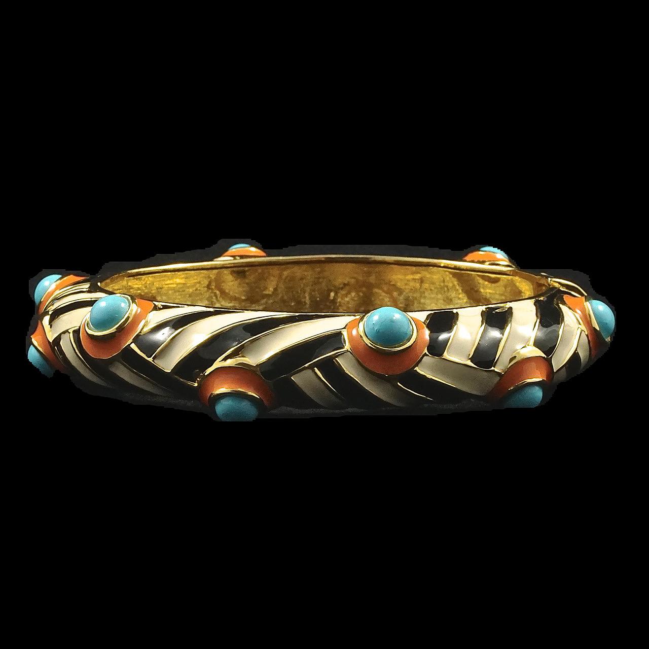 Kenneth Jay Lane Zebra Striped Bangle with Coral Enamel and Faux Turquoise Domes 4