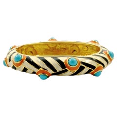 Kenneth Jay Lane Zebra Striped Bangle with Coral Enamel and Faux Turquoise Domes