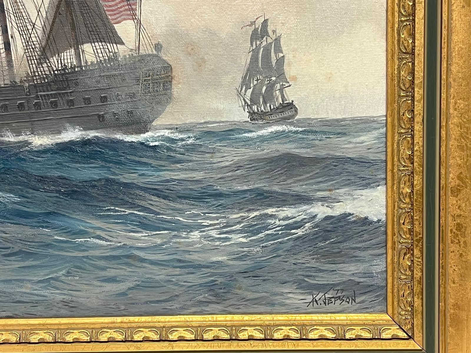 El compromiso naval
de Kenneth Jepson (británico, 1932-1998)
óleo sobre lienzo firmado, enmarcado
enmarcado: 26 x 36 pulgadas
cuadro: 20 x 30 pulgadas
procedencia: colección privada
estado: muy bueno y en buen estado, algunas pequeñas manchas en el