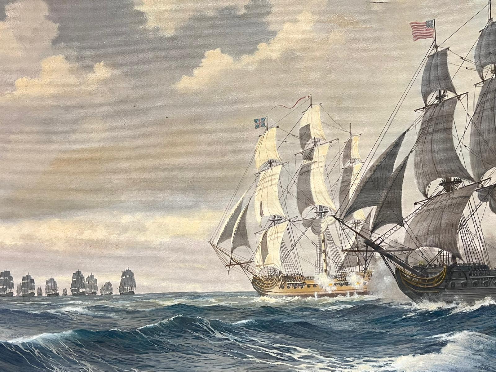 Compromiso naval americano Batalla naval en el mar Pintura al óleo sobre lienzo firmada 1