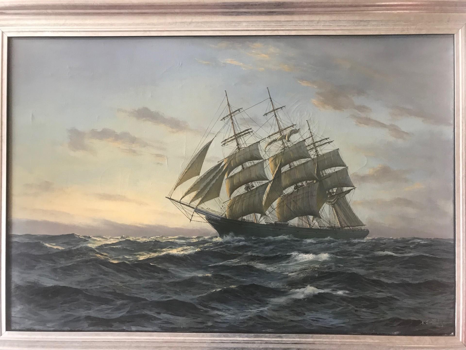Modern Maritime Marine  Oil Painting of Clipper Ship at Dusk 20th Century - Post-Impressionist Art by Kenneth Jepson