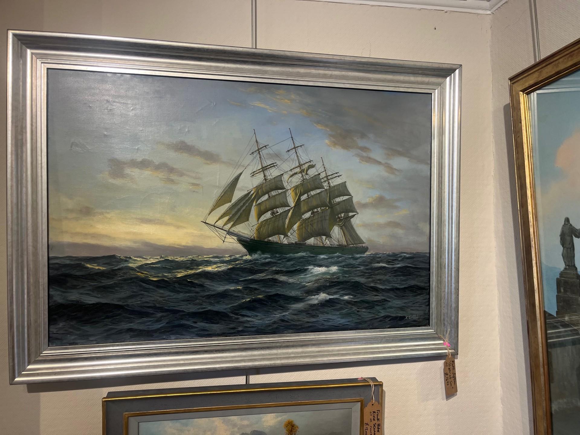 Modern Maritime Marine Oil Painting of Clipper Ship at Sea as the Sun goes down.  A large and very appealing Signed  Oil on Canvas, mounted on Stretchers and housed in a White Gold Frame.  A superb depiction of a classic Sailing scene by a British 