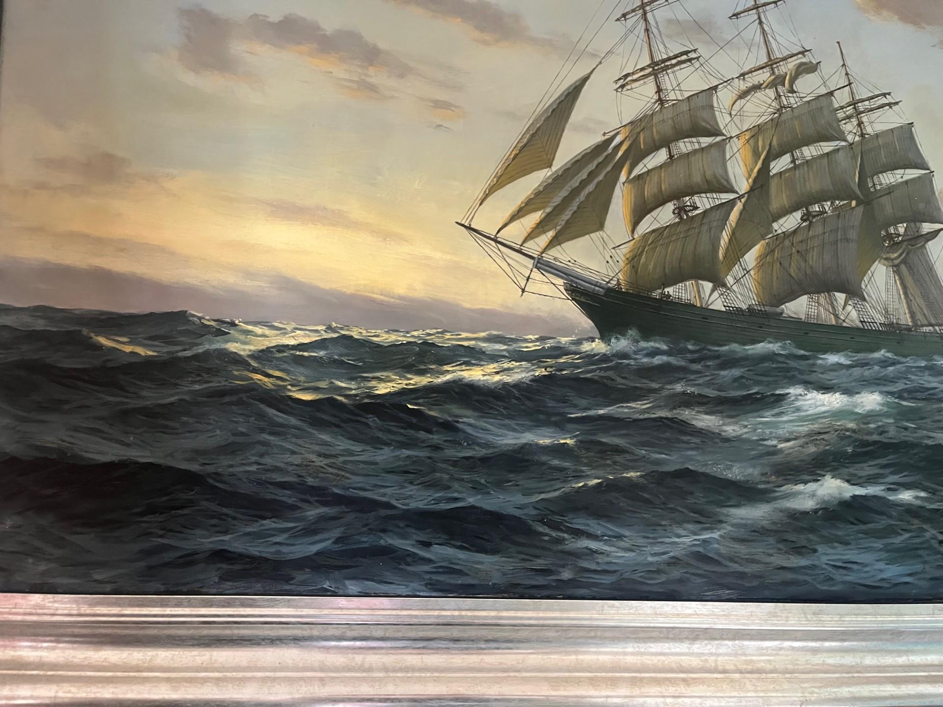 Twentieth Century Traditional  Marine Oil Painting of Clipper  Ship at Dusk For Sale 1