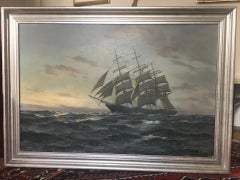 Modern Maritime Marine  Oil Painting of Clipper Ship at Dusk 20th Century
