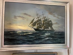 Marin moderna  Pittura a olio di nave Clipper al tramonto XX secolo
