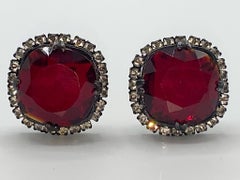 Kenneth Lane 1980s Large Ruby Red & Rhinestone Jewel Earrings