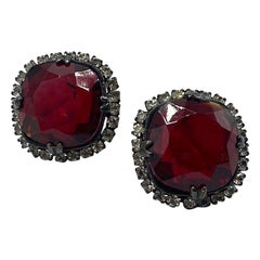 Kenneth Lane 1980s Large Ruby Red & Rhinestone Jewel Earrings