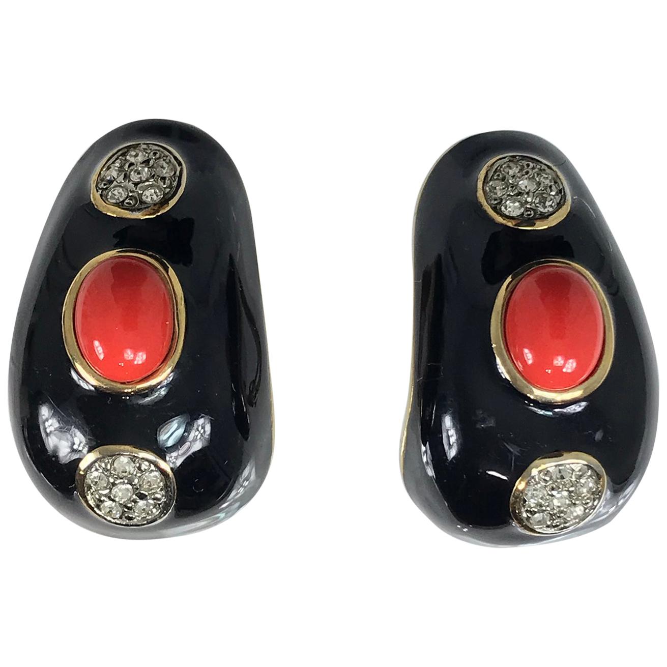 Kenneth Lane Black Enamel Coral and Rhinestone Earrings 