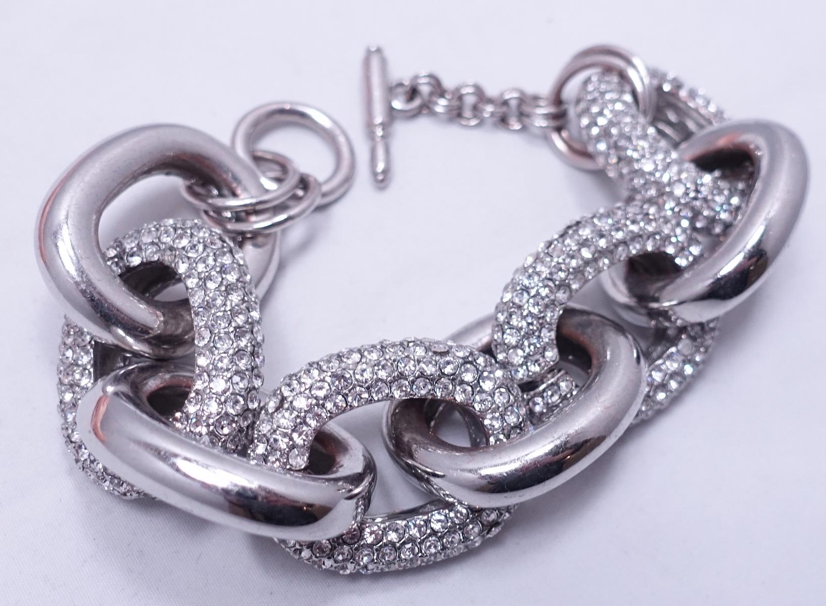 Kenneth Lane Clear Crystal Silver Tone Link Bracelet In Good Condition For Sale In New York, NY