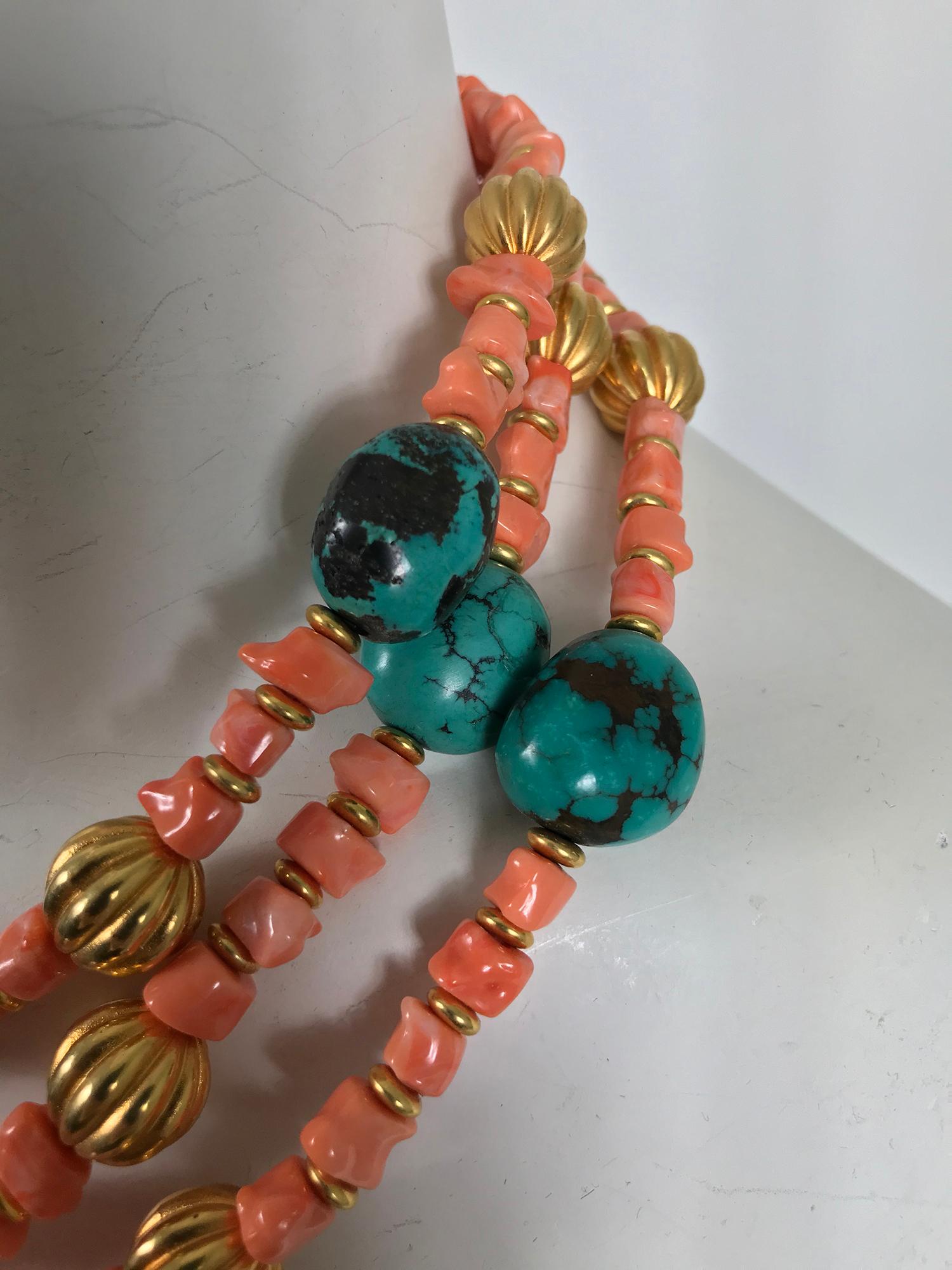 Kenneth Lane Faux Coral and Turquoise Triple Strand Necklace  In Good Condition In West Palm Beach, FL