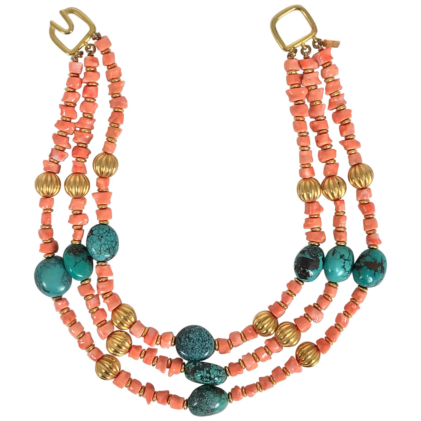 Kenneth Lane Faux Coral and Turquoise Triple Strand Necklace 