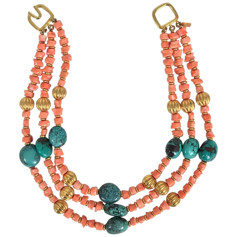 Kenneth Lane Faux Coral and Turquoise Triple Strand Necklace For Sale ...