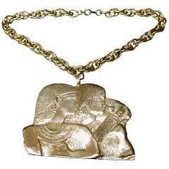 Kenneth Lane Gilt Metal Massive Pharaoh Pendant Necklace c 1980s