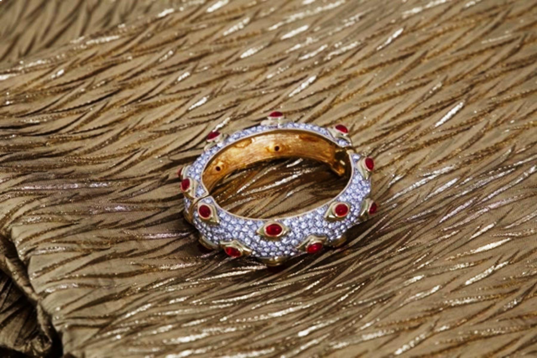 Princess Cut Kenneth Lane Gold Bracelet with Red Stones For Sale