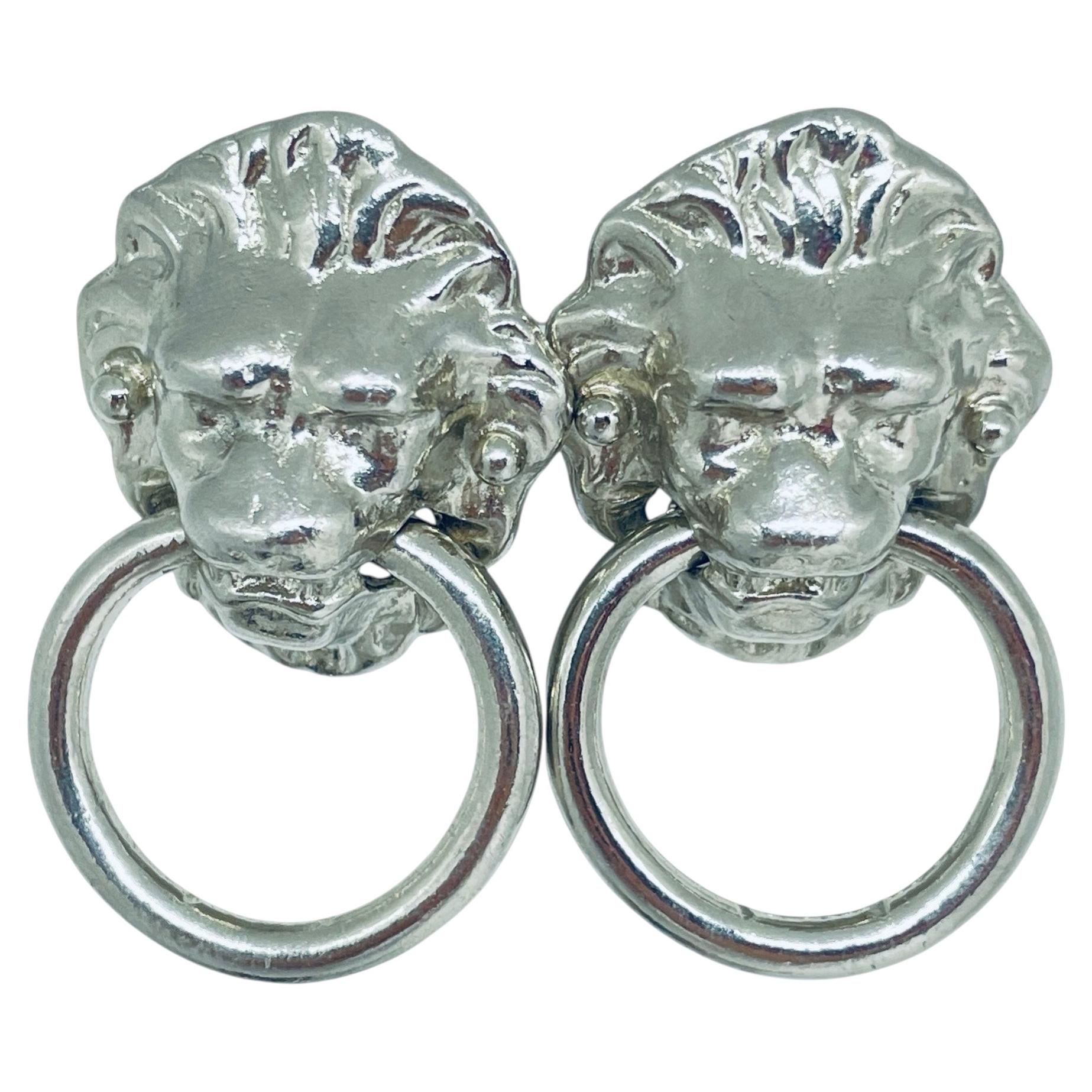 Pre-owned Kenneth Jay Lane Kenneth Lane Vintage Silver Tone Lions Door Knocker Designer Clip On Earrings In Multi
