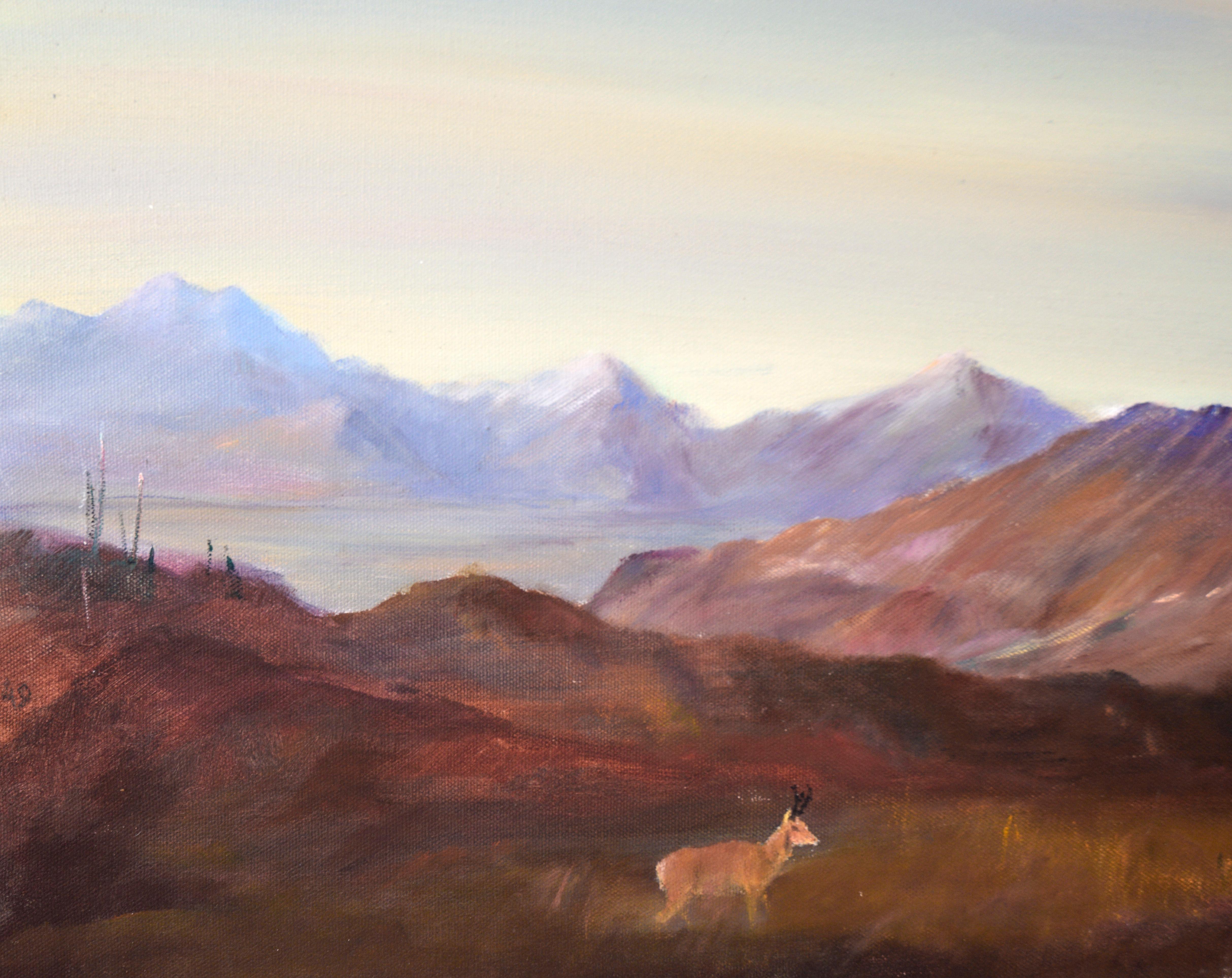 Le cerf aux montagnes violettes - Paysage à l'huile sur toile en vente 1