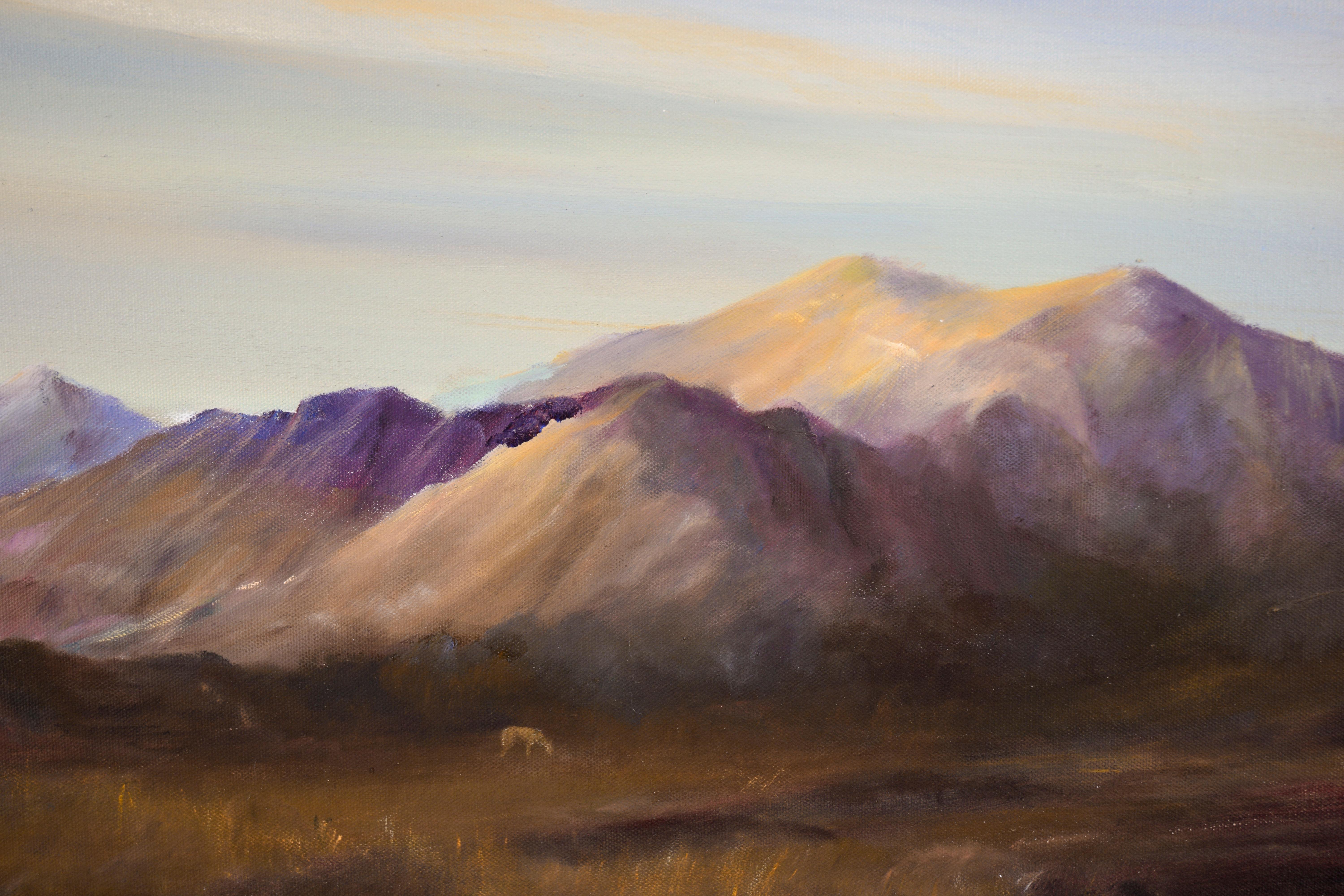 Deer at the Purple Mountains - Landscape in Oil on Canvas For Sale 2