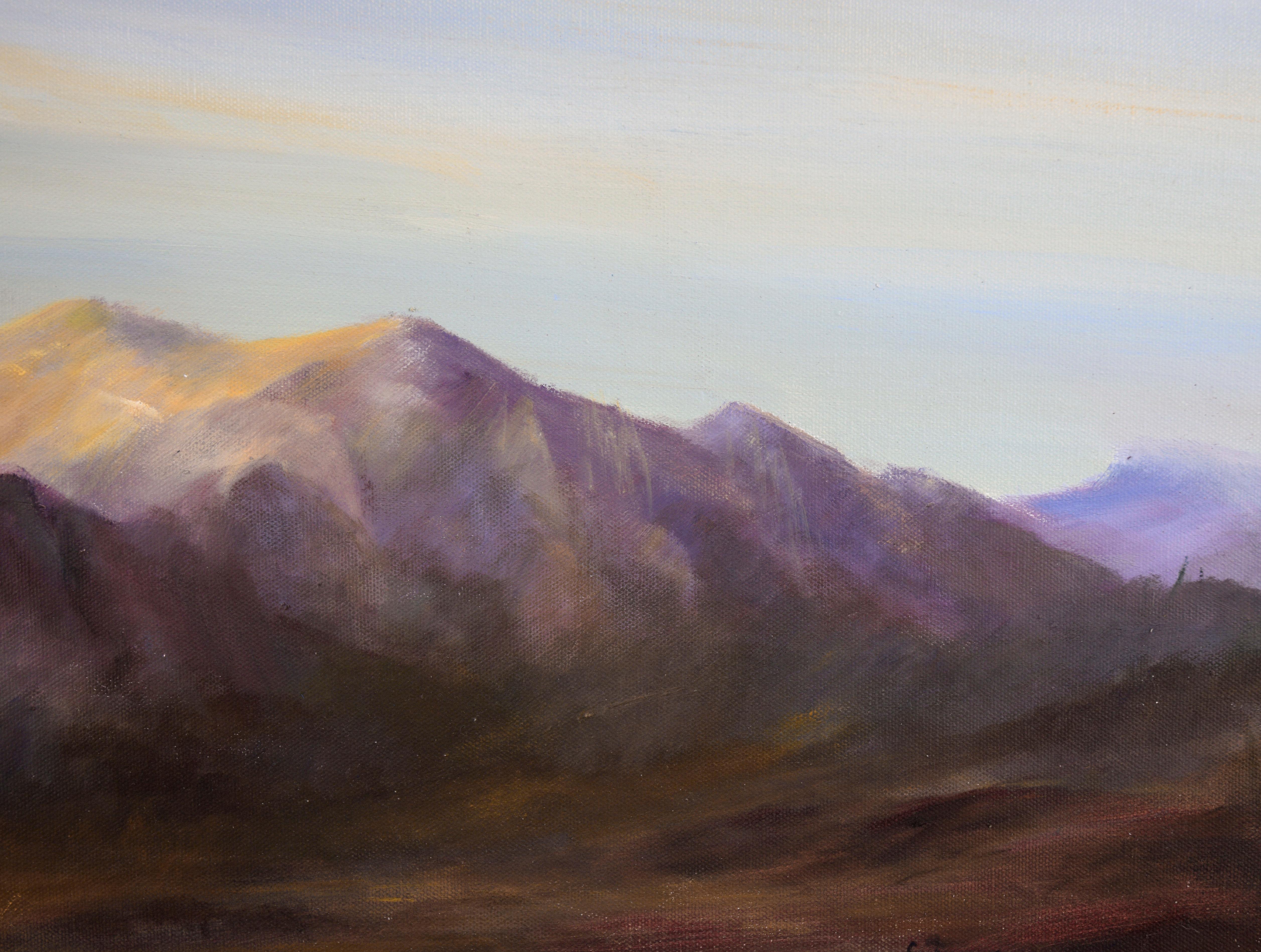 Deer at the Purple Mountains - Landscape in Oil on Canvas For Sale 3