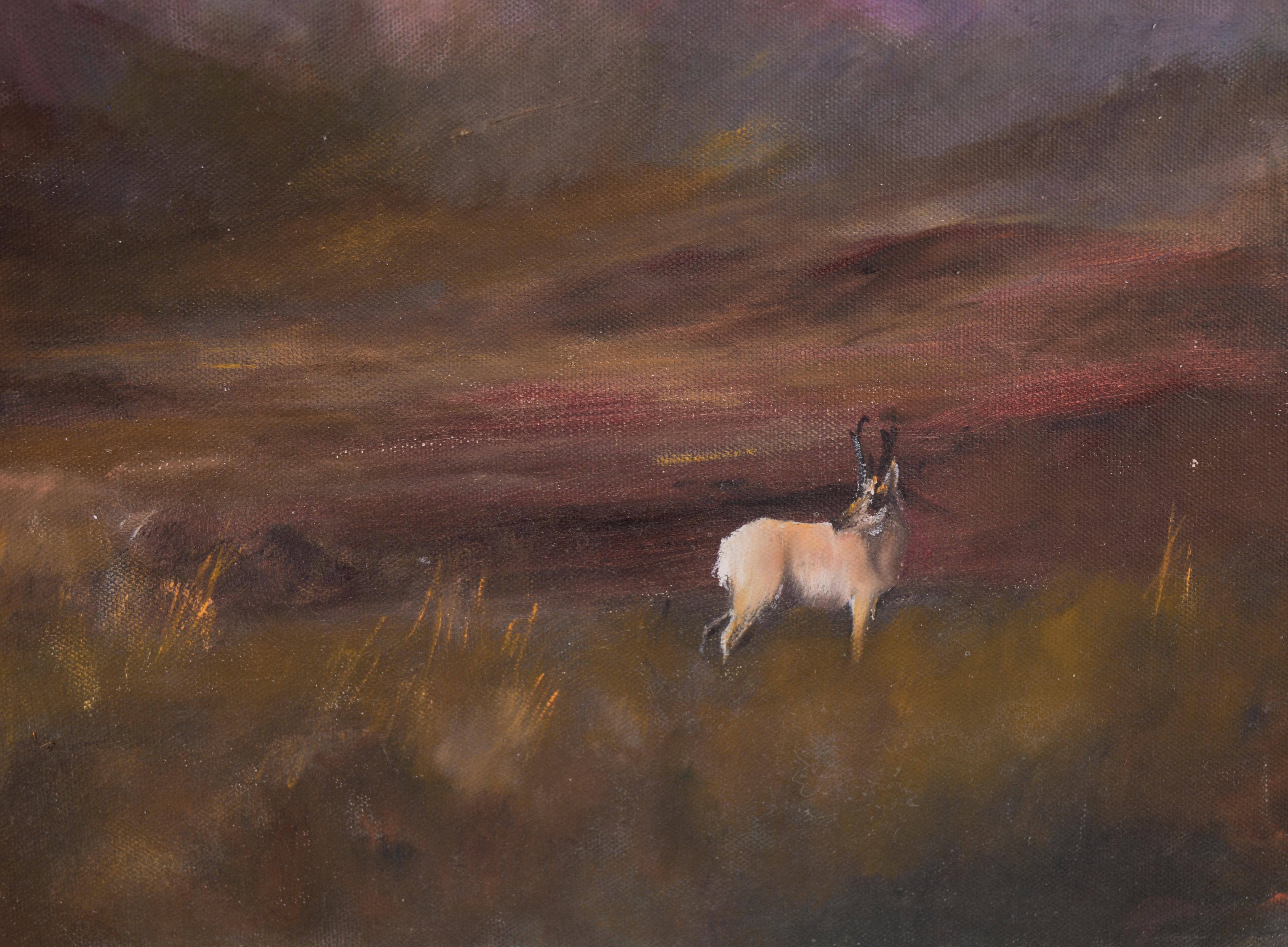 Deer at the Purple Mountains - Landscape in Oil on Canvas For Sale 4