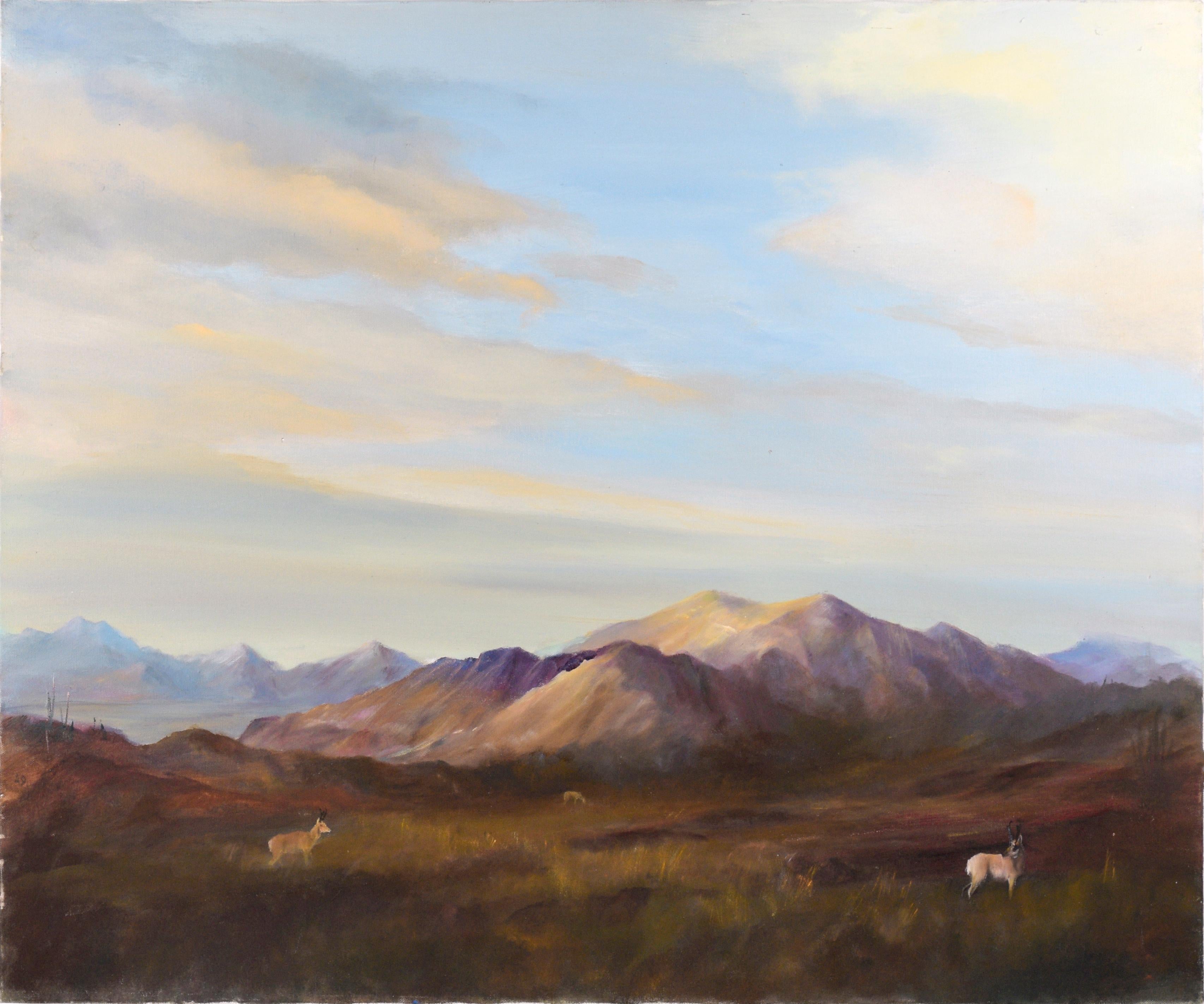 Landscape Painting Kenneth Lucas - Le cerf aux montagnes violettes - Paysage à l'huile sur toile