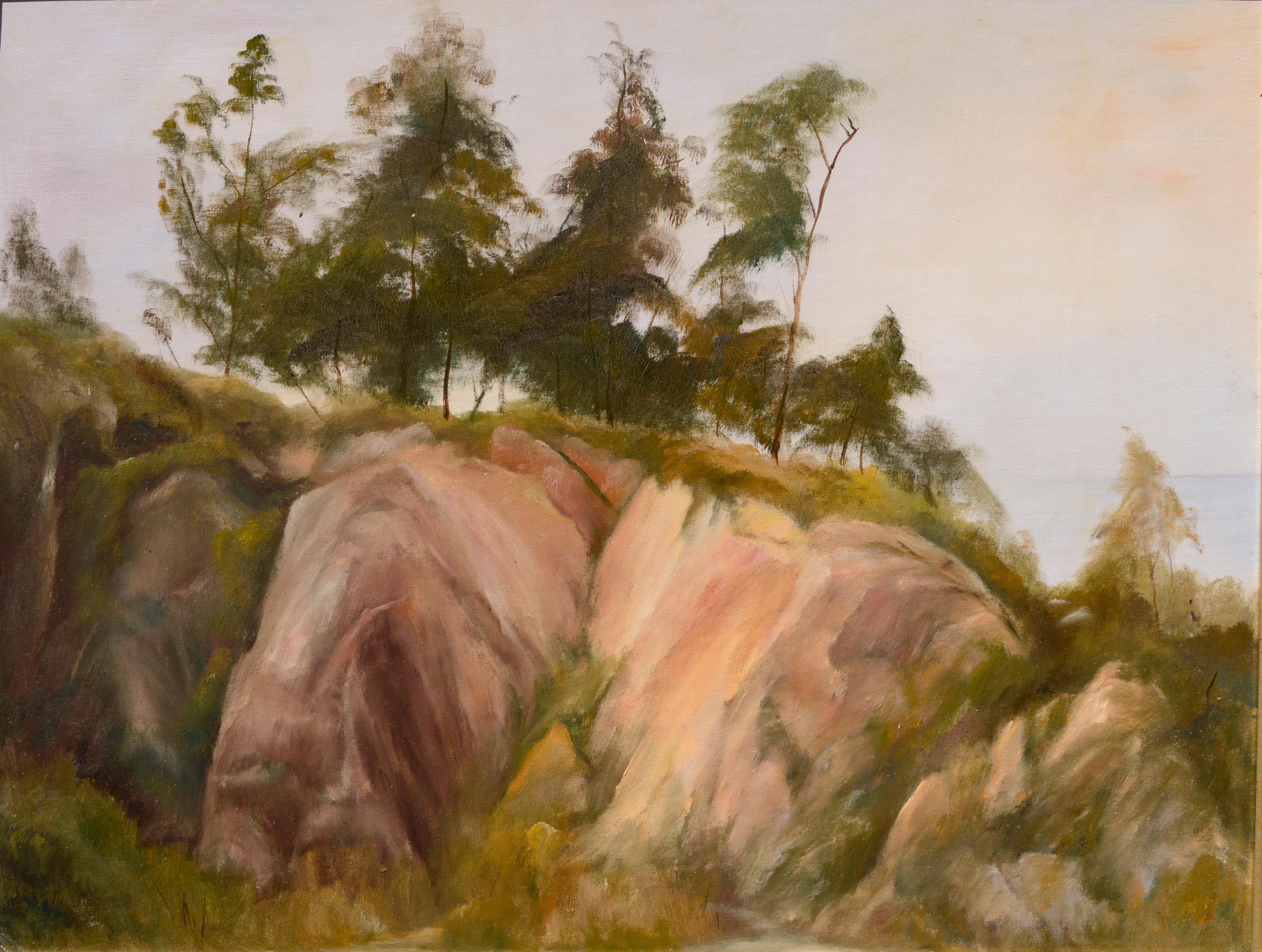 Trees at the Top of the Big Sur Coastal Bluffs Landscape - Oil on Artists Board  - Painting by Kenneth Lucas