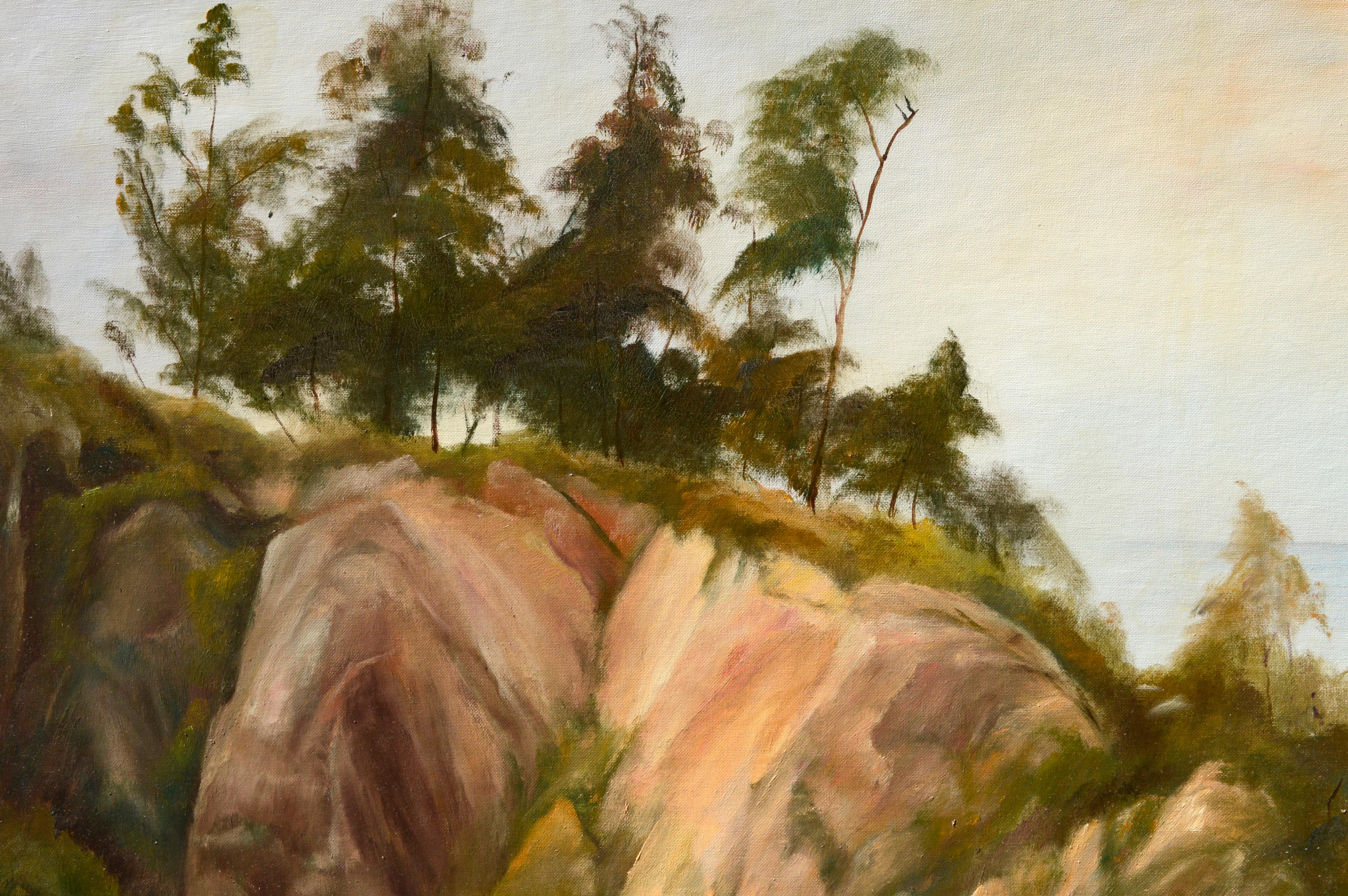 Trees at the Top of the Big Sur Coastal Bluffs Landscape - Oil on Artists Board  - American Impressionist Painting by Kenneth Lucas