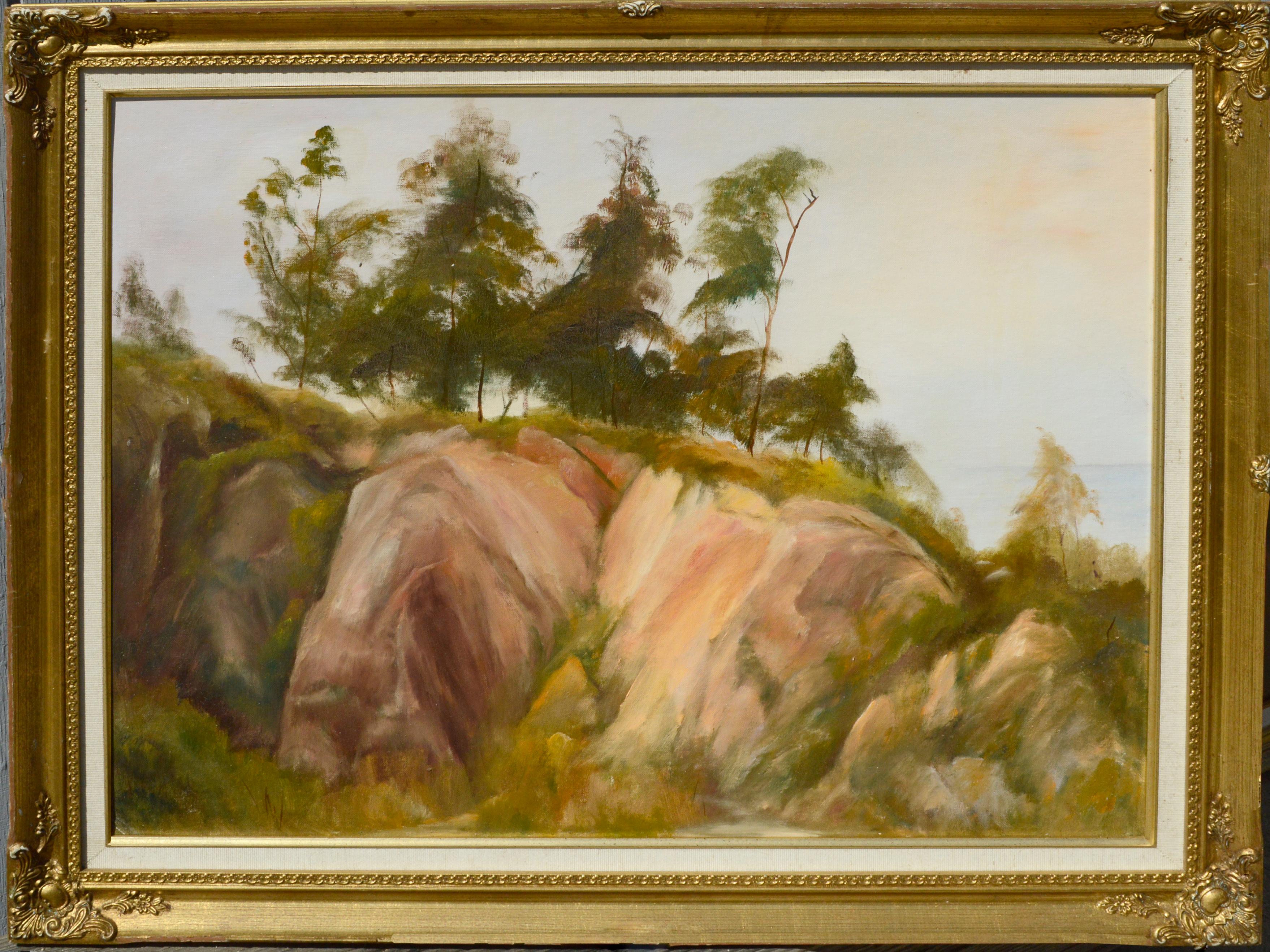 Landscape Painting Kenneth Lucas - The Trees at the Top of the Big Sur Coastal Bluffs Landscape - Huile sur panneau d'artiste 