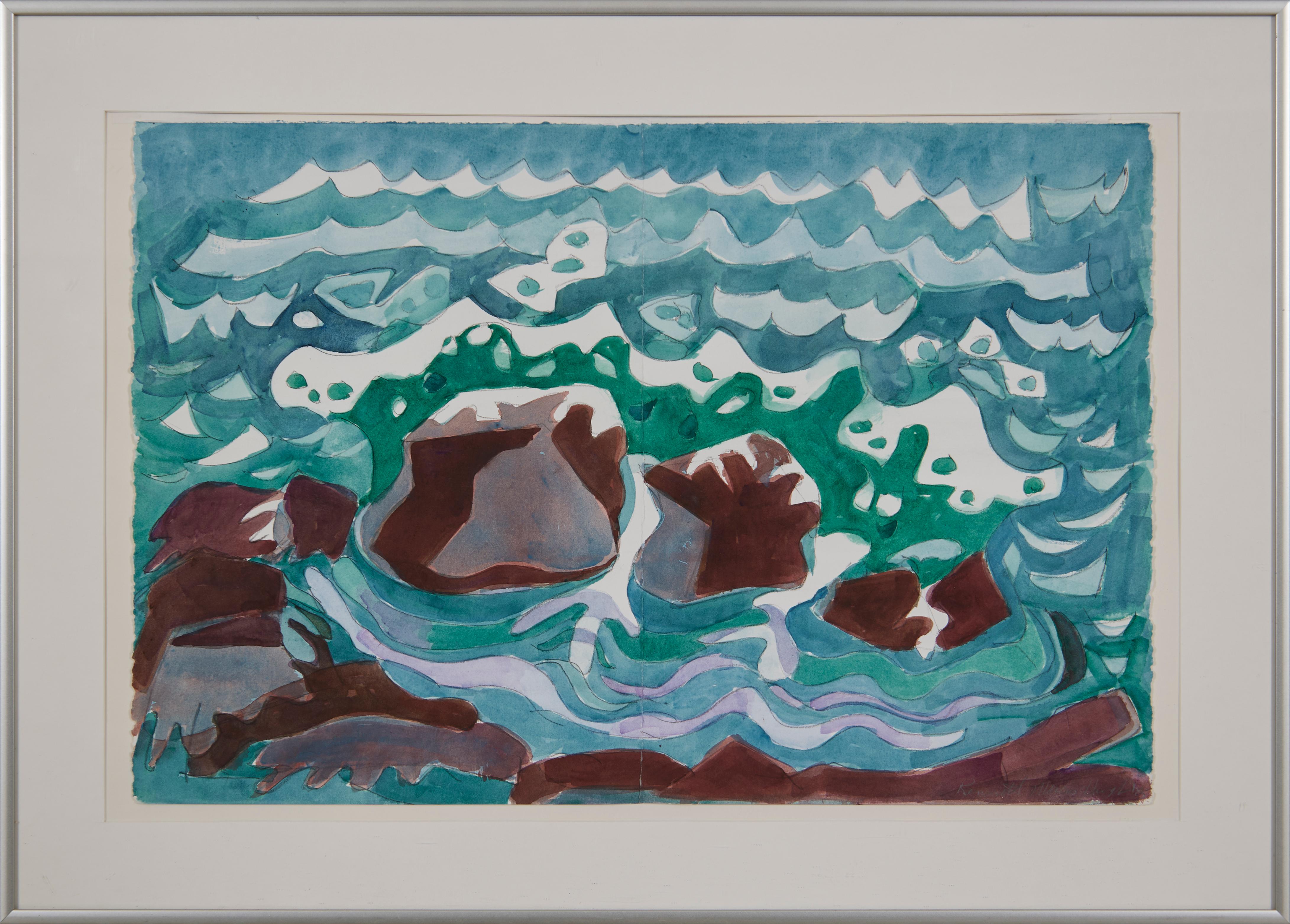Small Craft Advisory, 20th Century Abstract Figural Seascape, Cleveland Artist - Painting by Kenneth Marcus Hugh